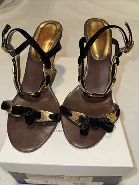 Marc Jacobs Black Velvet & Gold Chain Accent Heeled Sandals